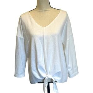 Talbots White V-Neck Tie-Front Textured Tee Extra Large